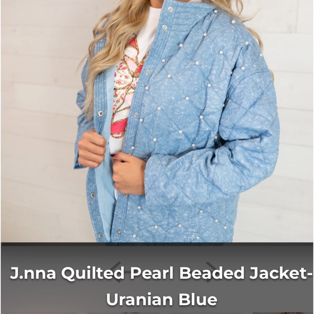 J.NNA Quilted Jacket Pearl Beaded Snap Up Uranian Blue Denim Coat Women's Medium